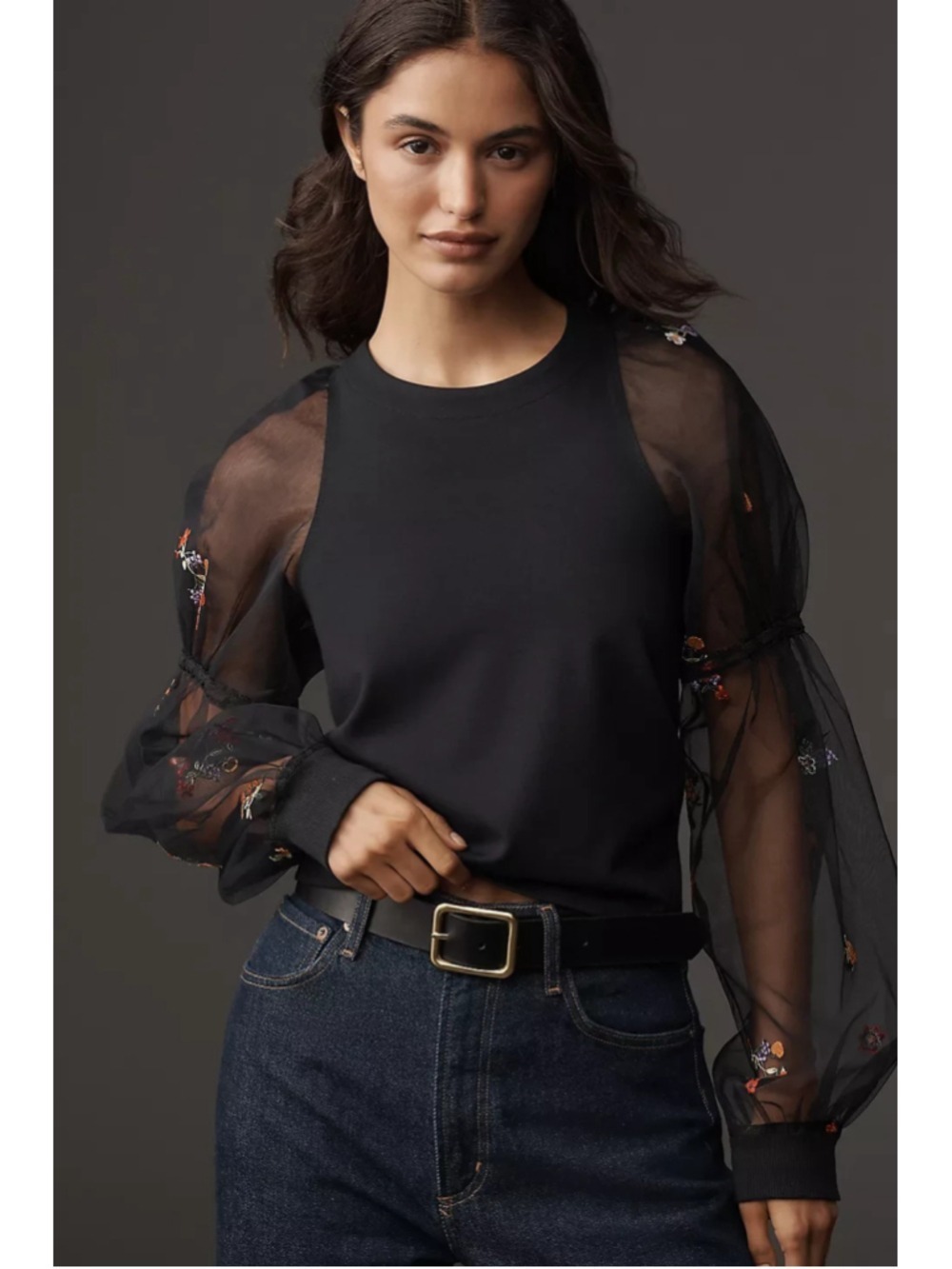 Anthropologie Maeve Embroidered Sheer-Sleeve Pullover Size L Black Pattern